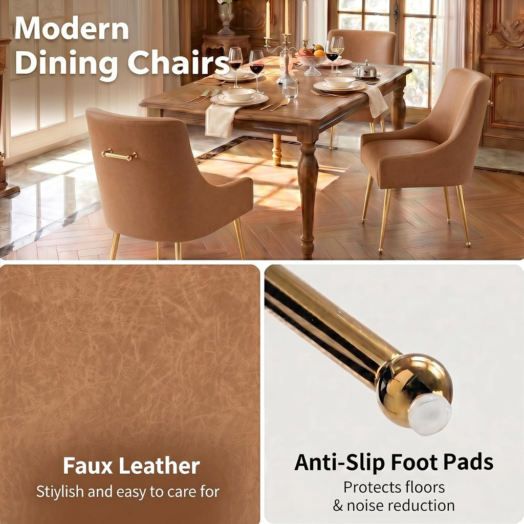 Dining Room Chair Faux Leather Vanity Chairs Set of 4 Mid-Century with Metal Legs Upholstered PU Leather Luxury Accent Chairs Living Room Restaurant(Brown)