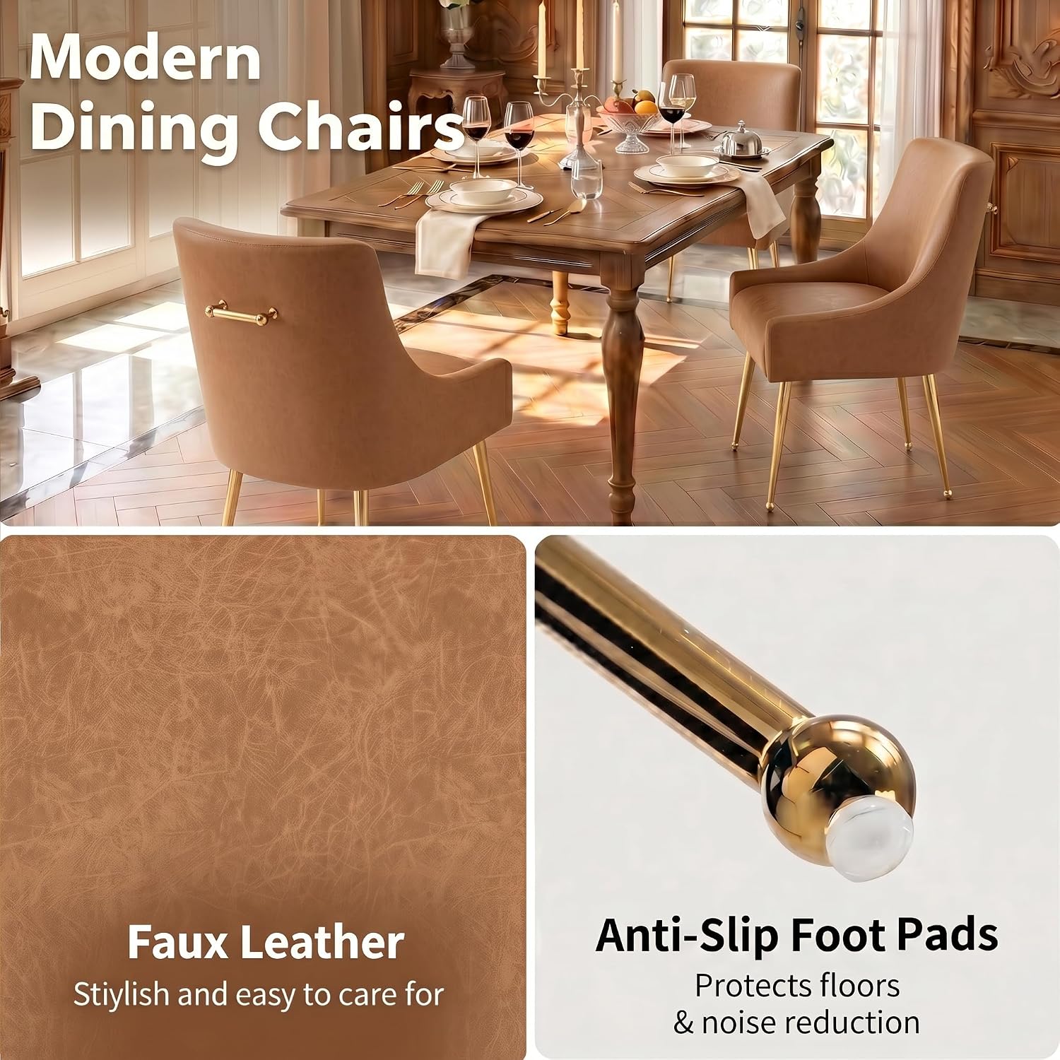 Dining Room Chair Faux Leather Vanity Chairs Set of 4 Mid-Century with Metal Legs Upholstered PU Leather Luxury Accent Chairs Living Room Restaurant(Brown)