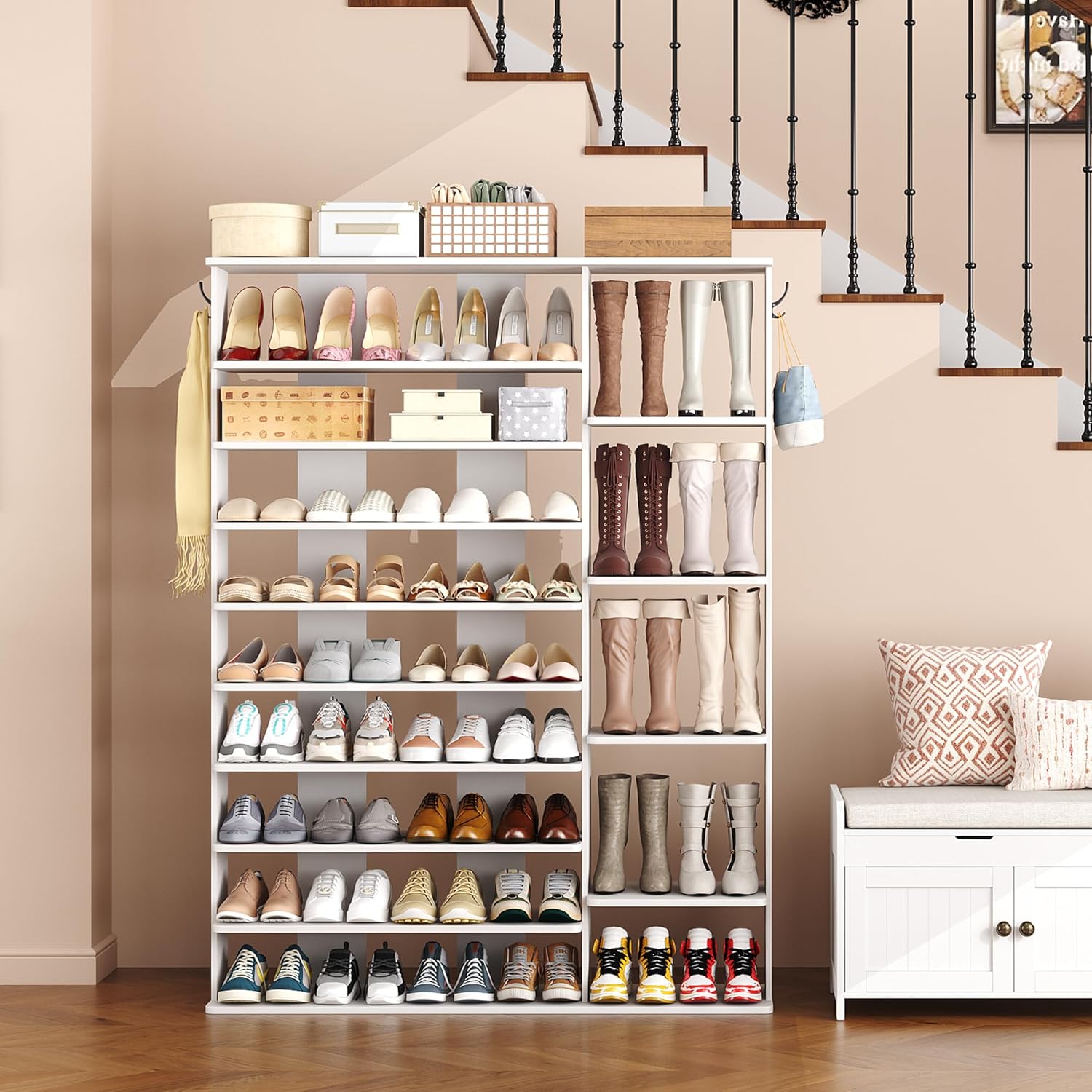 HOMEFORT 10 Tiers Shoe Rack, 50 Pairs Large Shoe Shelf, 61.8" Tall Shoe Tower, Freestanding Shoe Rack Organizer with Open Shelves, Wood Shoe Stand for Boot Storage, for Closet, Entryway, White