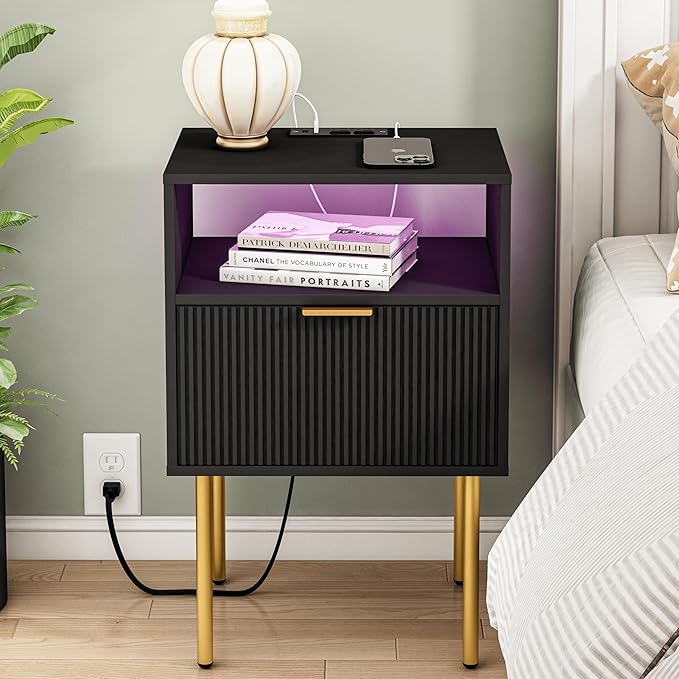 Modern Nightstand with Charging Station and LED Lights, Black Nightstand with...