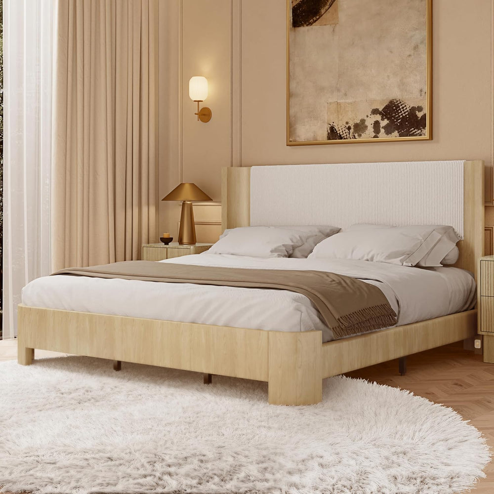 King Size Upholstered Platform Bed Frame with Wingback Headboard, Motion-Sens...