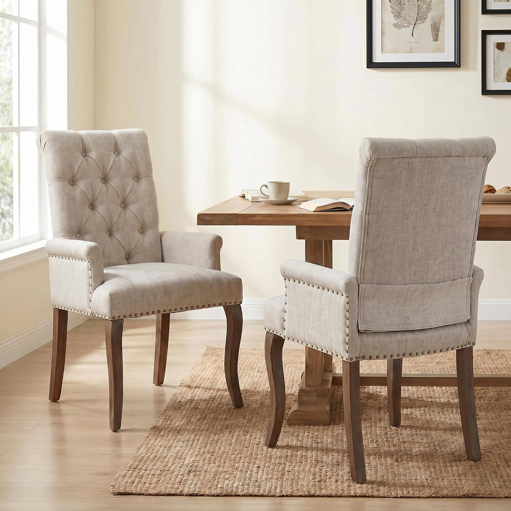 Upholstered Dining Chairs with Arms Set of 2, Greyish Beige, 2 Pack | Tufted ...
