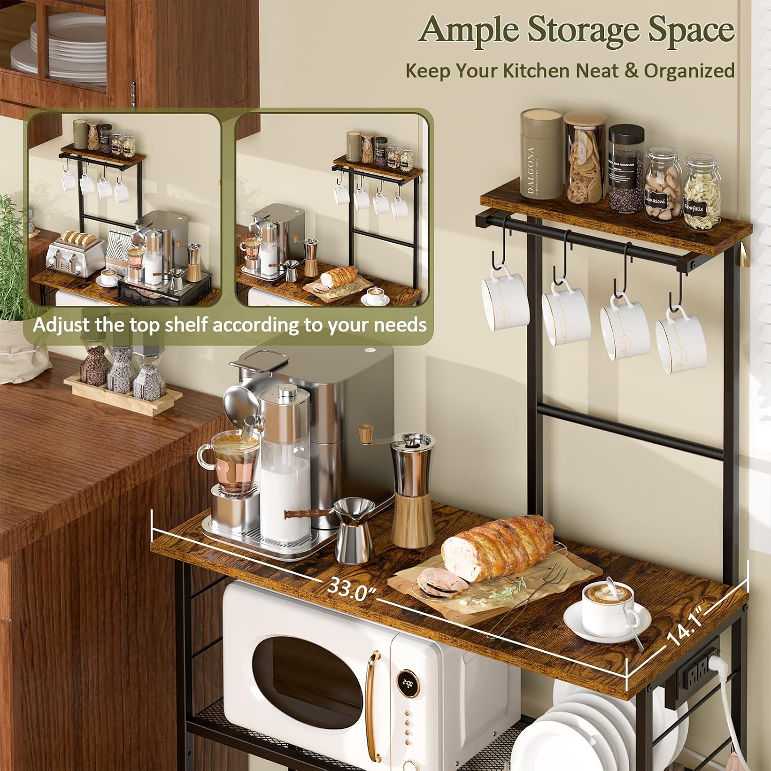3IngSeagulls 4-Tier Bakers Rack with Power Outlet, 33 Inch Kitchen Microwave Stand with 6 S-Shaped Hooks, Coffee Bar Station with Adjustable Shelf, Rustic Brown