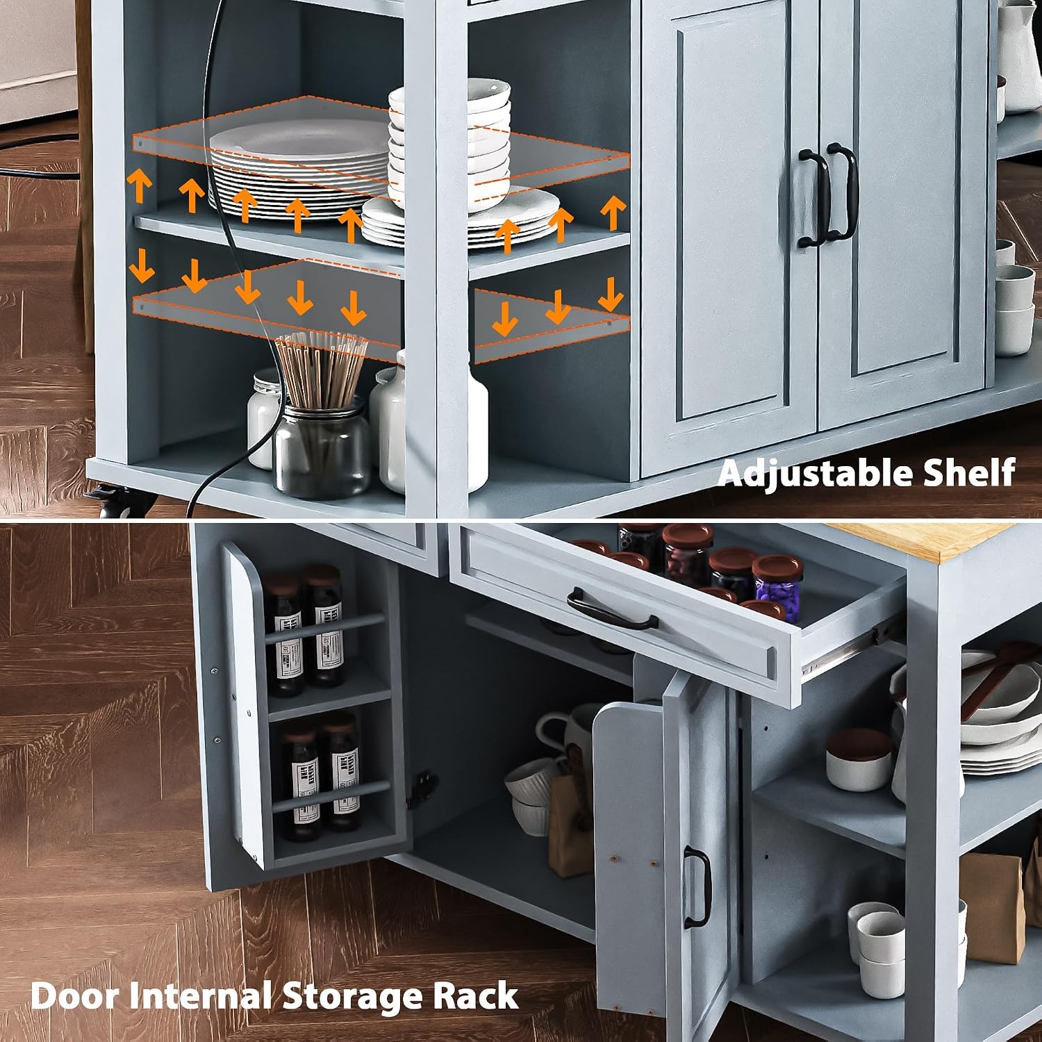 Kitchen Cart with Rubber Wood Drop-Leaf Countertop,Cabinet Door Internal Storage Racks,Kitchen Island on 5 Wheels with Storage Cabinet and 3 Drawers for Dinning Room, Black (Grey+ Blue)