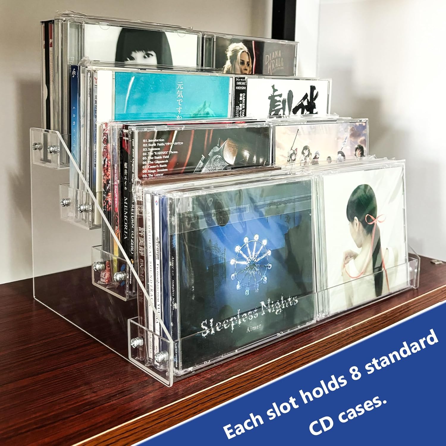 4Tier Clear Acrylic CD Holder - Cascading CD & DVD Storage Rack with Vinyl Record Stand - Holds up to 32 Cases (Large, Clear)