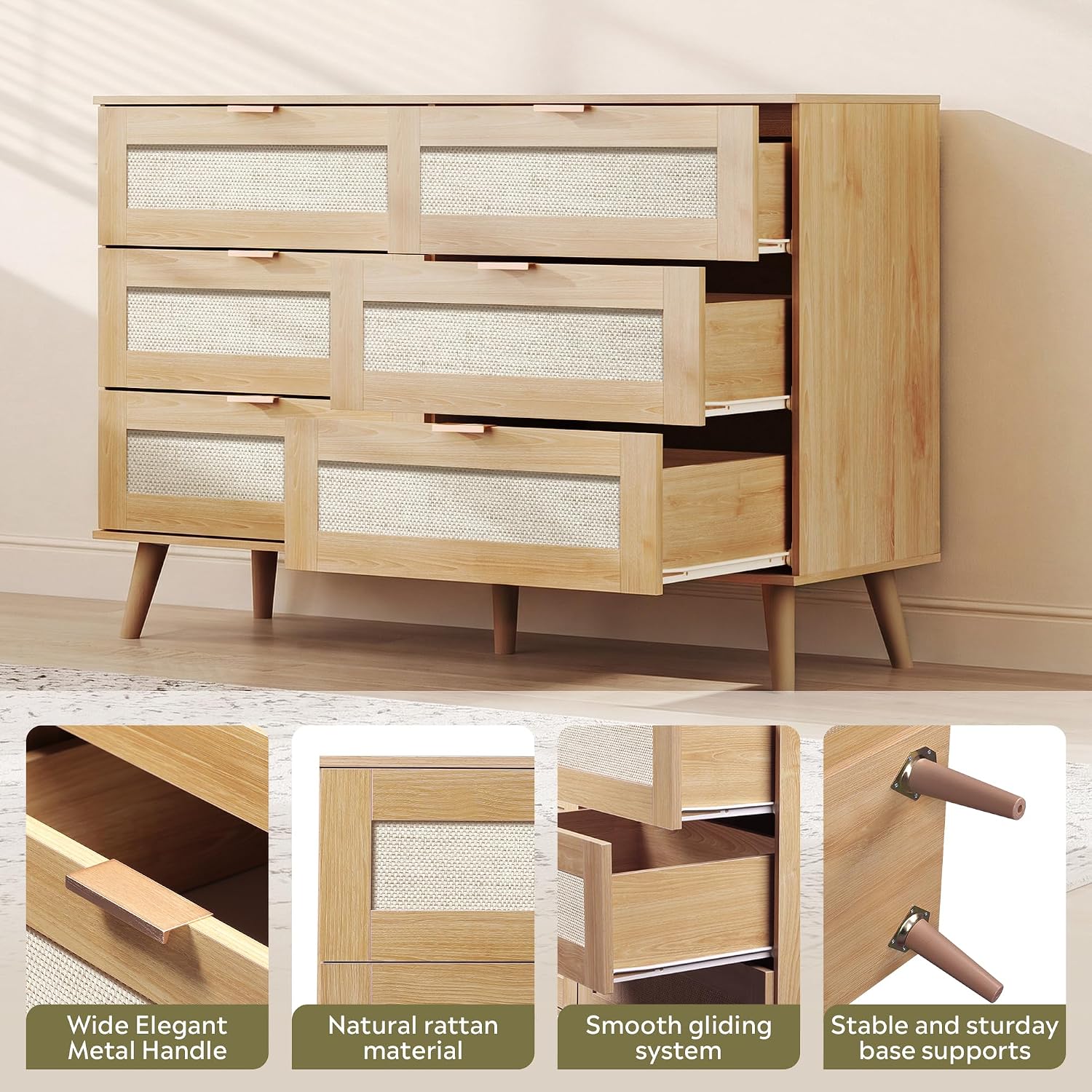 6-Drawer Rattan TV Stand | Boho Wood TV Console Fits Up to 55-inch TV for Living Room，Oak