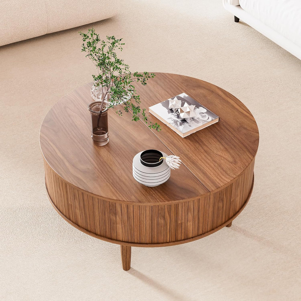 Round Fluted Lift Top Coffee Table with Storage, Mid Century Modern Coffee Ta...