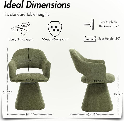 360° Swivel Dining Chair with Arms, Chenille Upholstered Barrel Accent Kitchen Chairs with Hollow High Back for Dining Room, Vanity Chair for Bedroom, Moss Green, 1PC
