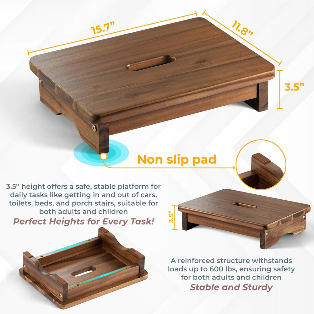 Wooden Step Stool, One Step Stool for Adults, Bedside Wooden Stool with 550lb...