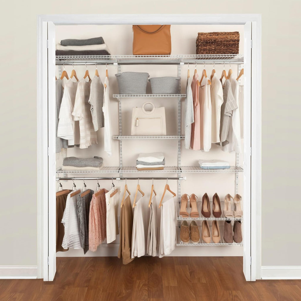 Rubbermaid Configurations Custom Closet Kit 6-10 Ft. Adjustable Metal Wire Shelving White Finish Expandable Organization System Hardware Included for Home Closet/Pantry/Laundry/Mudroom