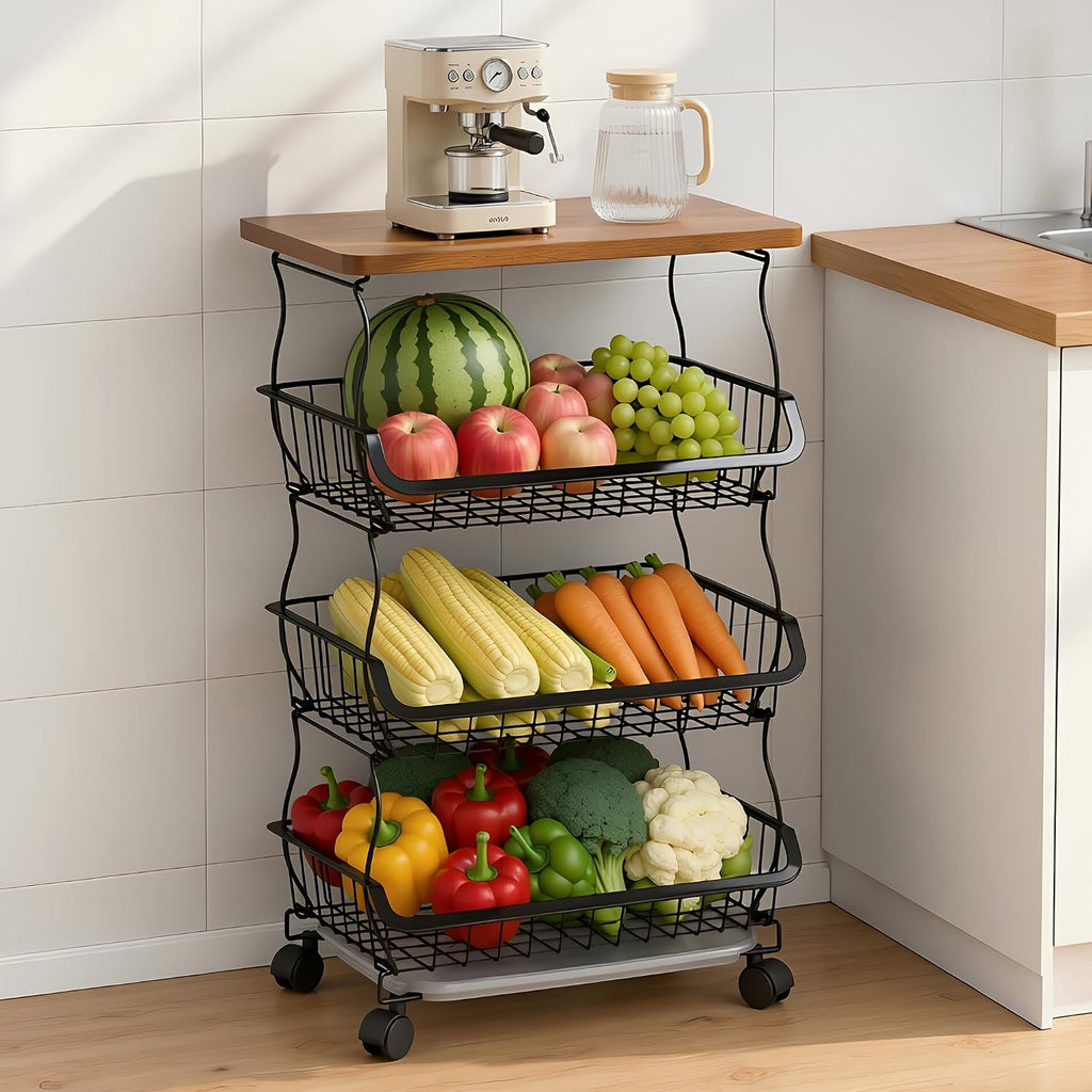 VECELO 4-Tier Fruit Basket with Wheels, Fruit and Vegetable Storage Cart for Kithchen, Stackable Produce Organizer Wire Baskets for Kitchen, Pantry, Living Room
