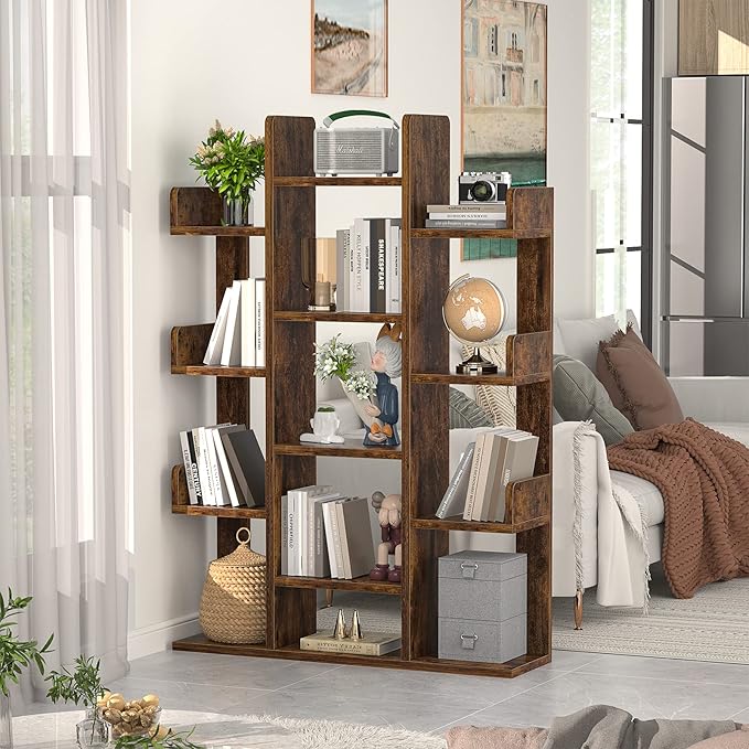 Aheaplus Bookshelf, Tree-Shaped Bookcase Storage Shelf with 13 compartments, Books Organizer Display Cube Shelves, Industrial Free Floor Standing Wood Open Bookshelves for Home