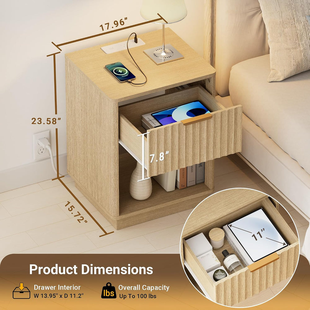 Fluted Nightstand with Charging Station, 18" W Night Stand with Metal Ha...