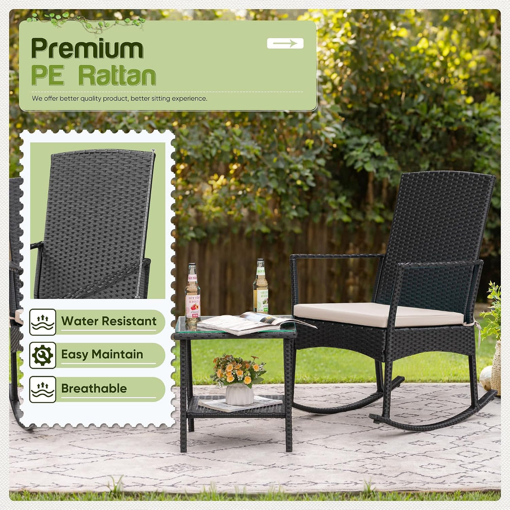 Flamaker Rocking Chair Outdoor PE Rattan Patio Chairs with Glass Table High B...