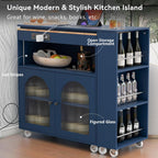 Rolling Kitchen Island Set with Extended Table, LED Lights, Power Outlets, 2 Fluted Glass Doors, a Storage Compartment, Side 3 Open Shelves for Dining Room Kitchens Living Room Navy