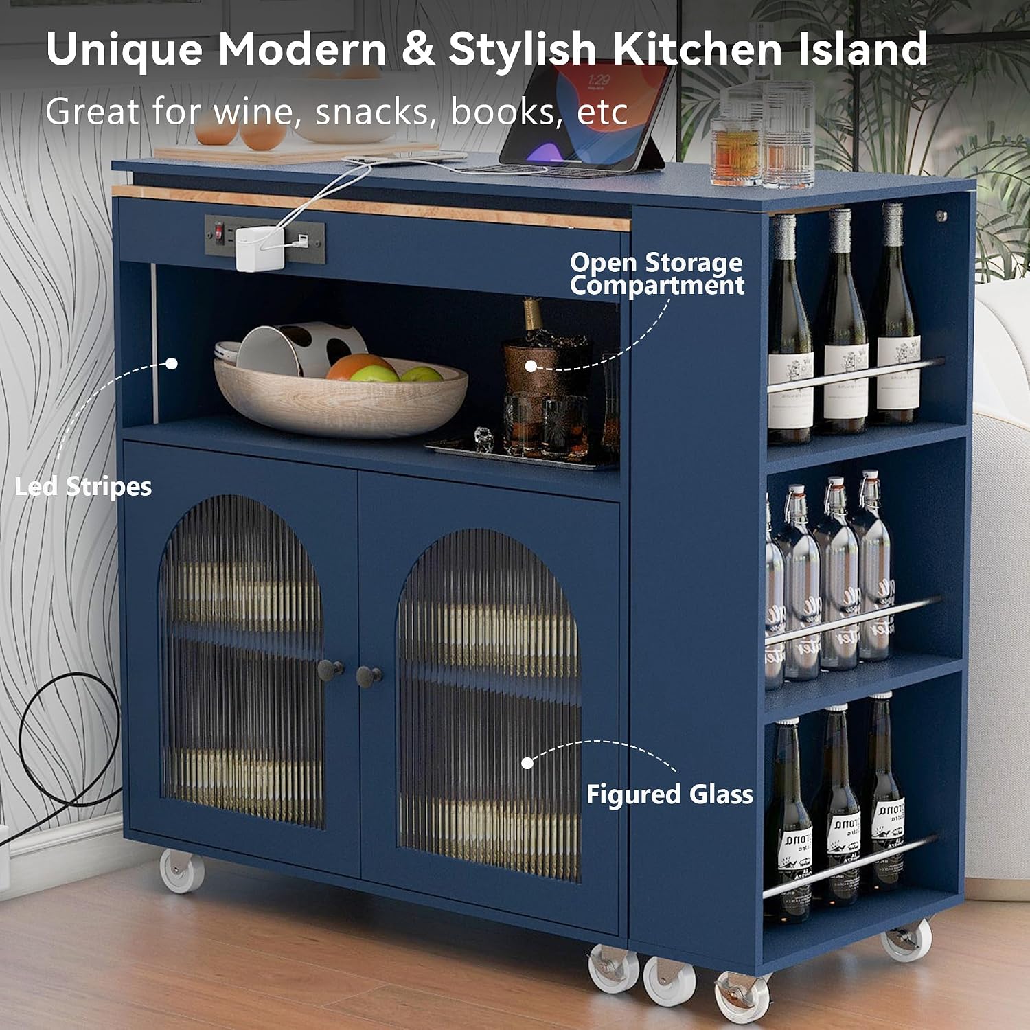 Rolling Kitchen Island Set with Extended Table, LED Lights, Power Outlets, 2 Fluted Glass Doors, a Storage Compartment, Side 3 Open Shelves for Dining Room Kitchens Living Room Navy