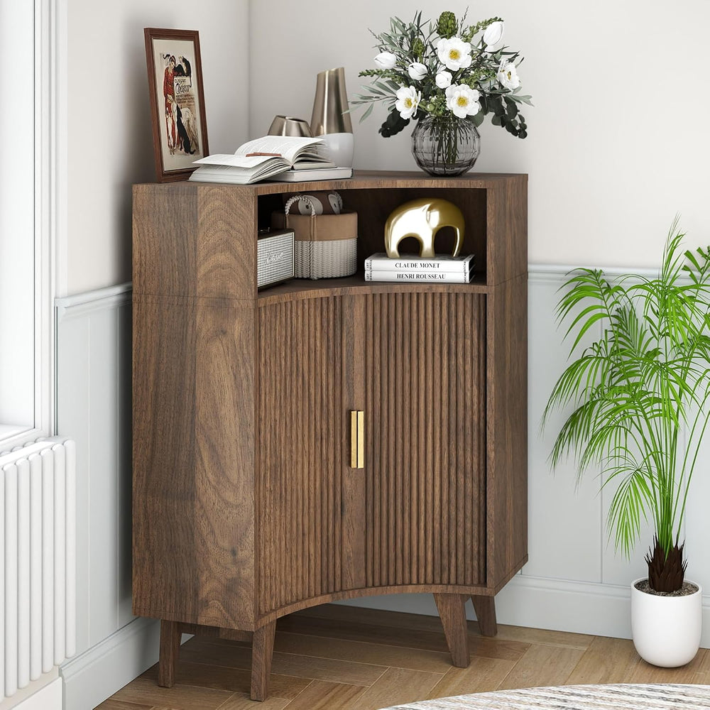 Fluted Corner Cabinet with Open Storage, Modern Floor Cabinets