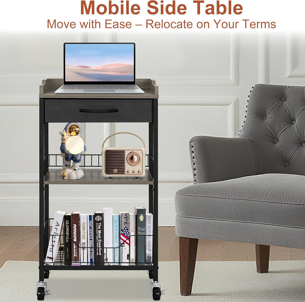 Tall Side Table with Drawer and Shelves, Narrow End Table with Optional Wheel...