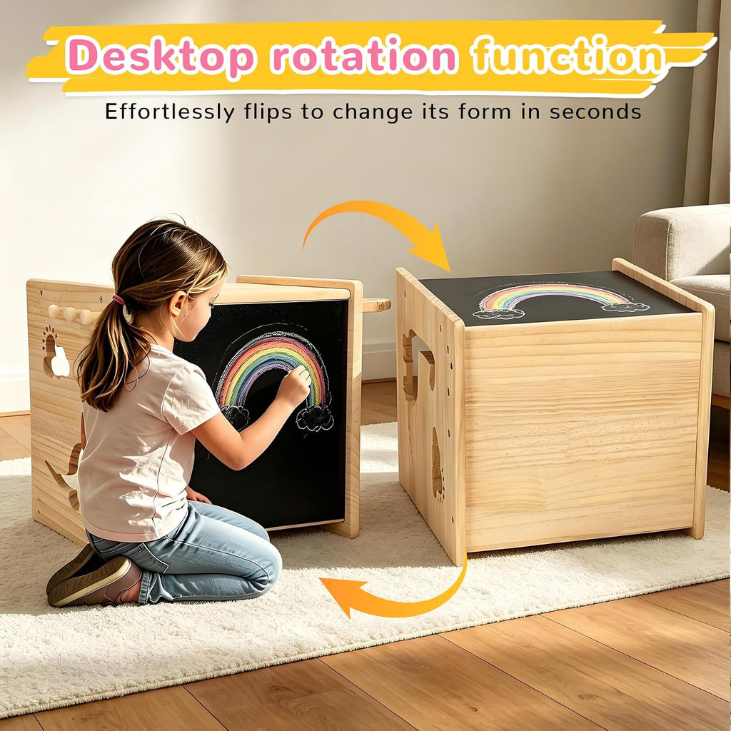 Brobear Weaning Table and Chair Set for 3-Layer Adjustable, Storage Drawer | for Ages 1-3,Blackboard, Storage Hooks, Puzzle Storage Boards, Natural Wood,CPC Certification, for Dining, Painting, Reading