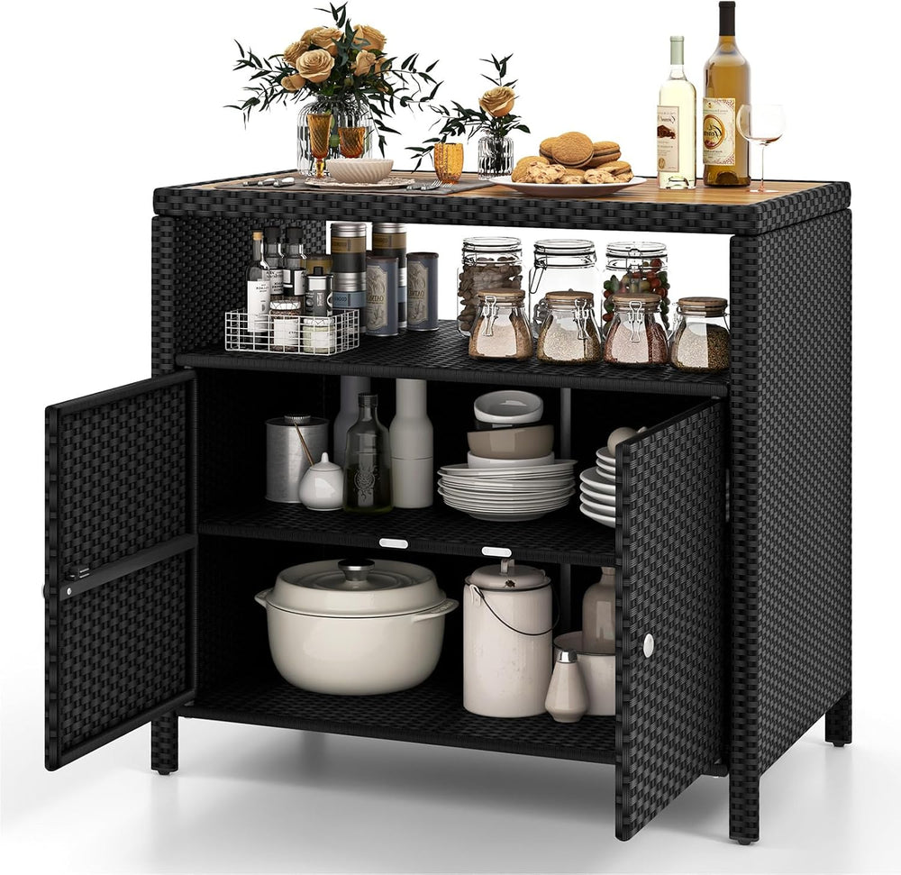 DREAMADE Outdoor Storage Cabinet, Wicker Patio Cabinet with Wood Top, Black