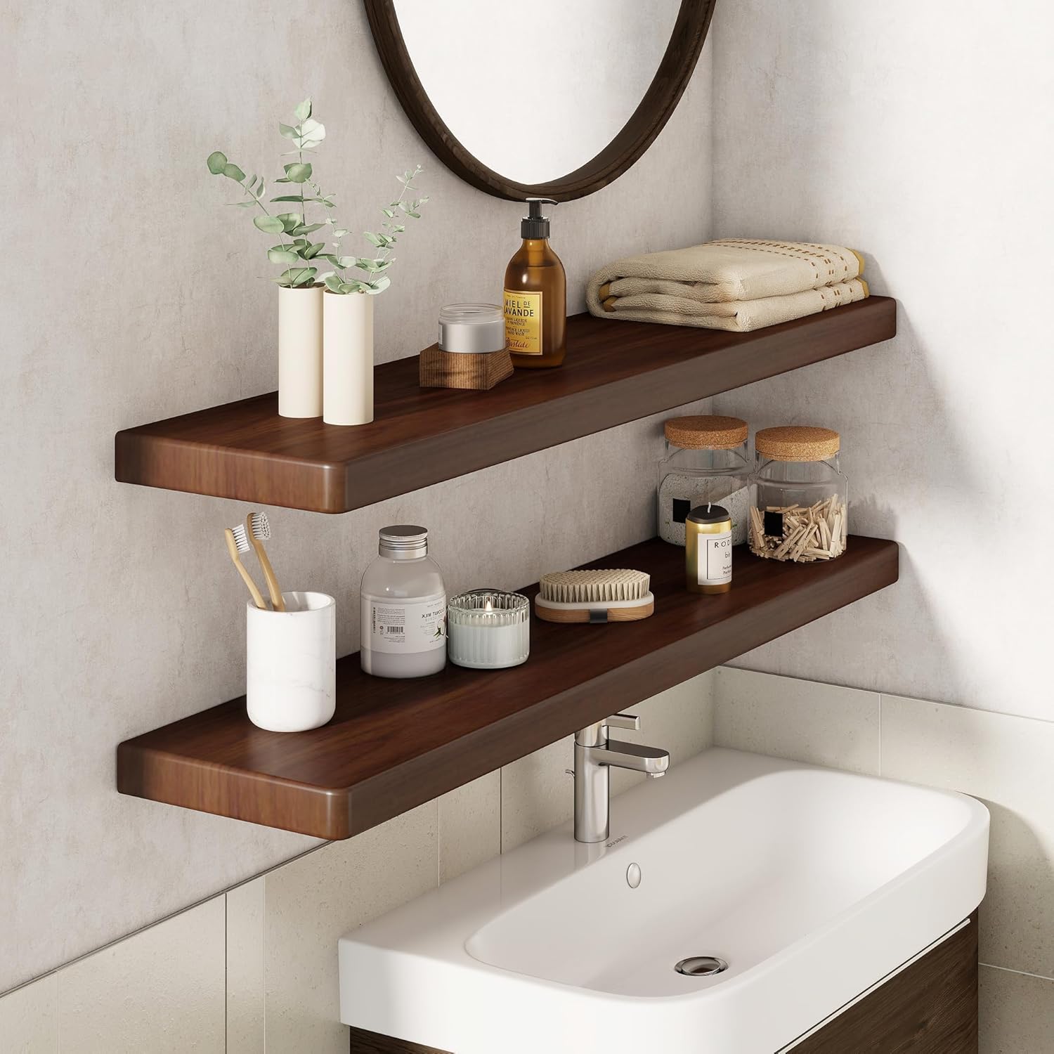 36" Rustic Walnut Wood Floating Shelves, 8 Inch Deep Wall Shelves for Home Decor, Wall Mounted Floating Shelf with Invisible Bracket, Heavy-Duty Storagefor Living Room, Bedroom, Kitchen, Set of 2