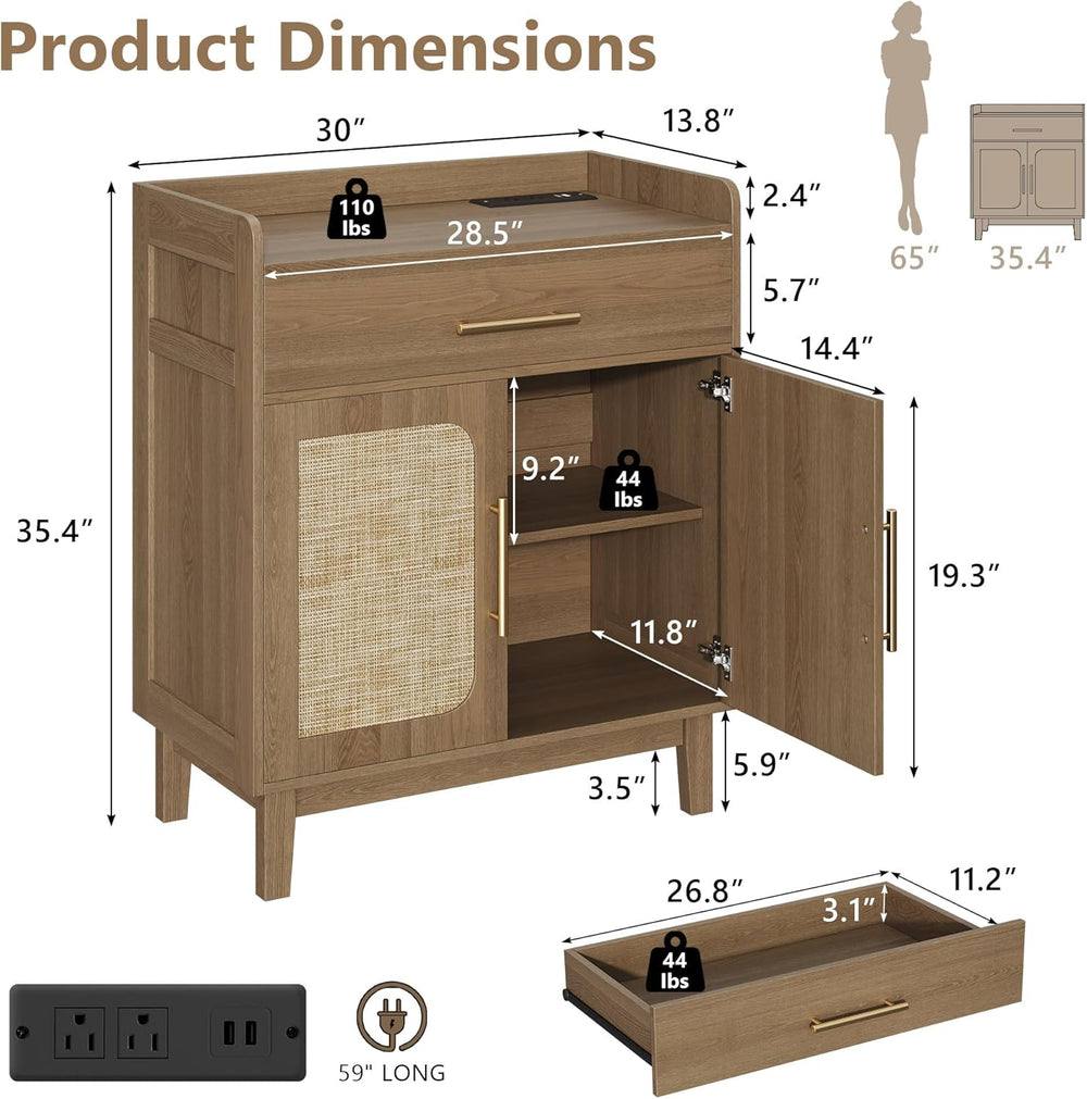 30" Rattan Sideboard Buffet Cabinet with Storage and Drawer, Boho Coffee...
