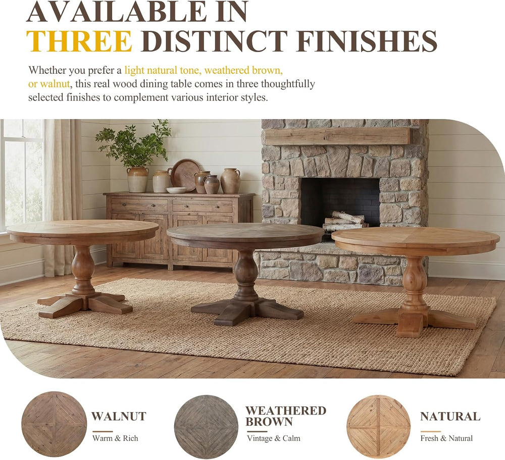47" Round Dining Table with Wooden Pedestal Base, Reclaimed Pine Wood Di...