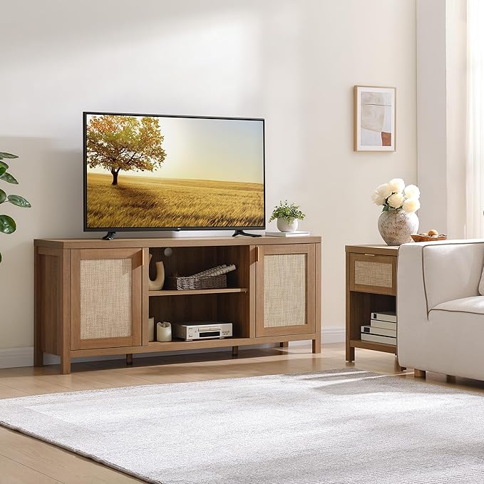 SICOTAS TV Stands for Living Room : Rattan TV Console Cabinet with Storage and Shelf, Boho Entertainment Center, 59" Media Console for 55, 65 Inch TV, 26" Tall Television Stands, Oak