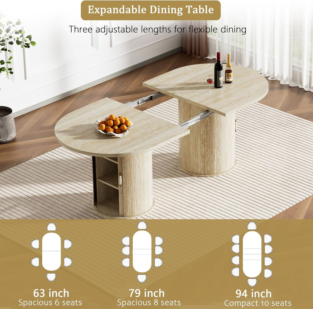 63"-94" Large Oval Extendable Dining Table for 6 8 10, Faux Travert...