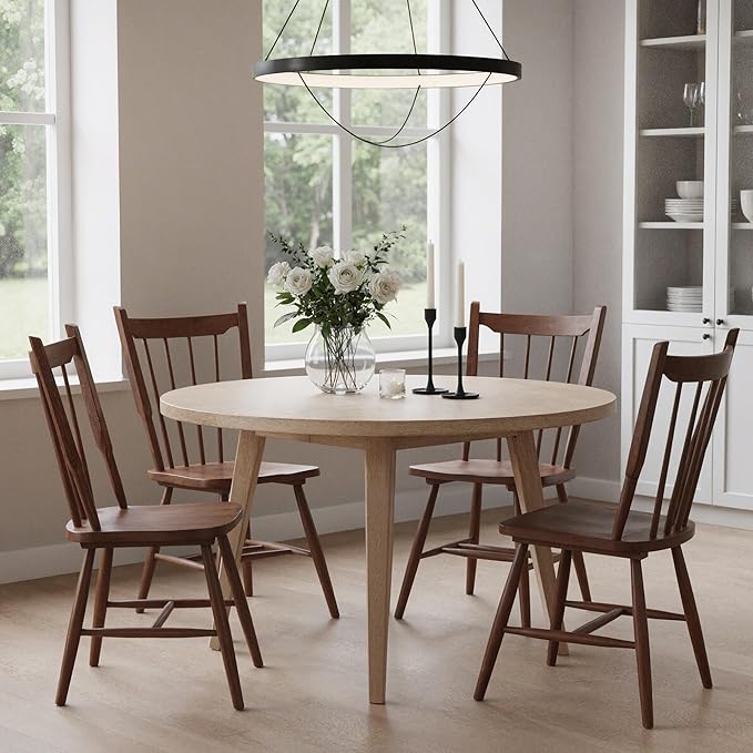 HNY Walnut Windsor Dining Chairs Set of 6, Farmhouse Wooden Kitchen Chairs with Spindle Back, Mid Century Modern Armless Kitchen Side Chair for Dining Living Room Restaurant