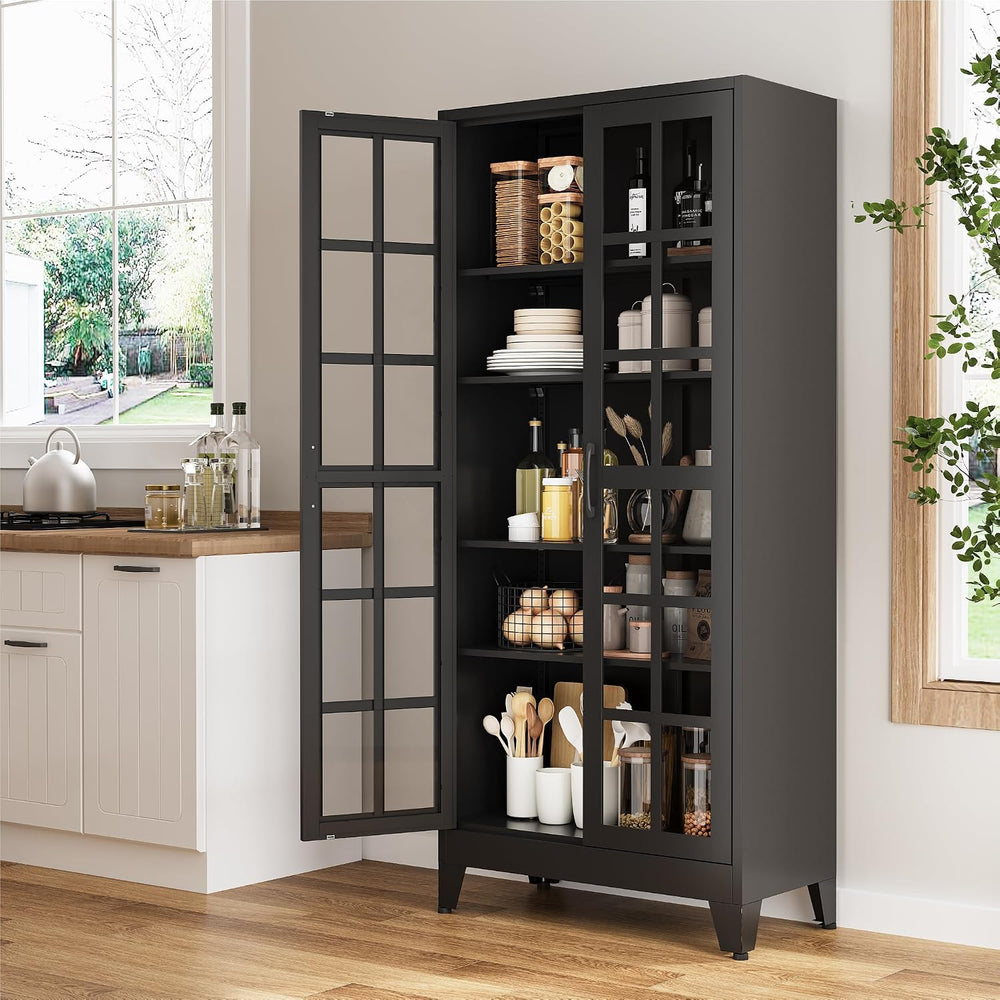 COFaR 71" Black Metal Pantry Cabinet with Glass Doors for Living Room