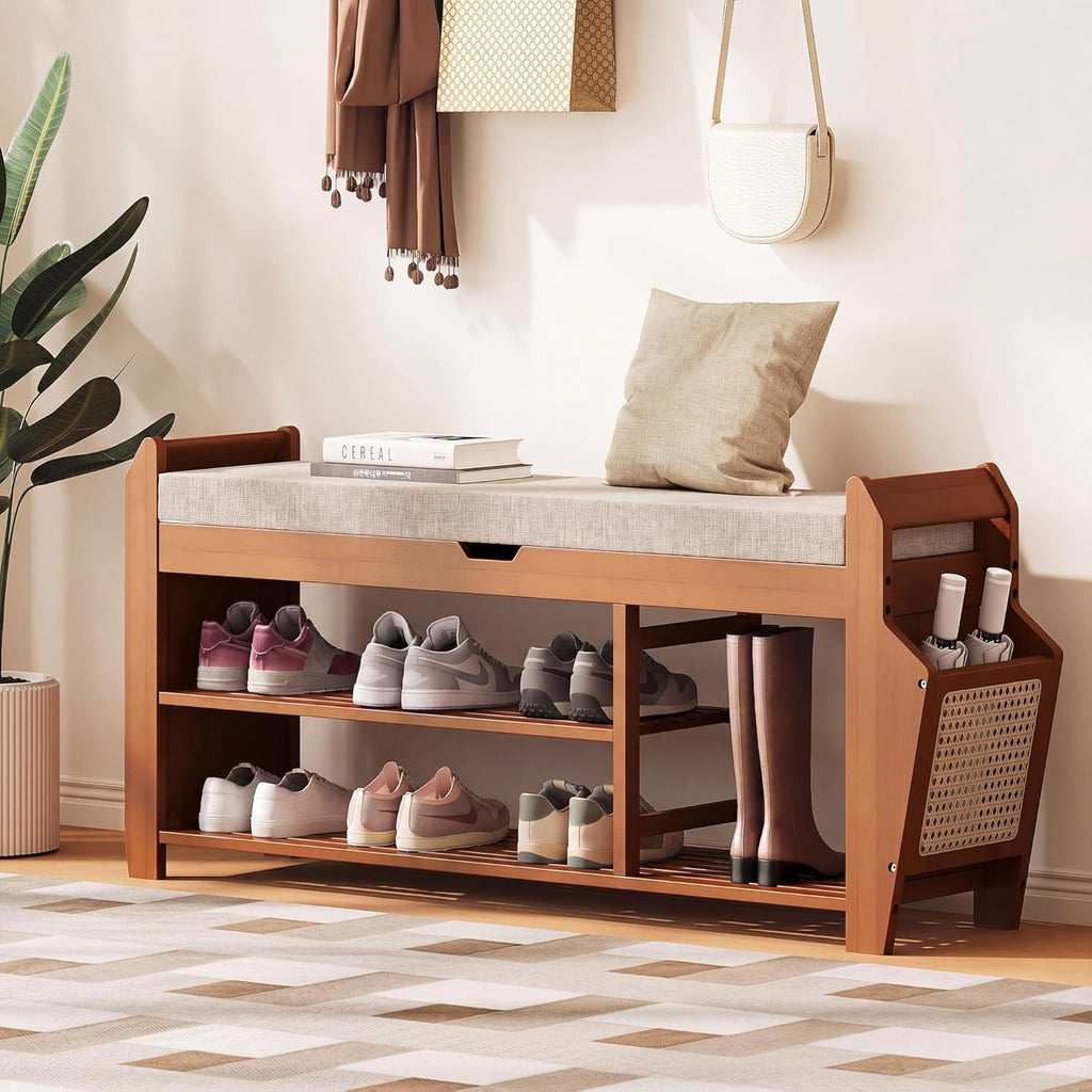 PETKABOO 39.4" Bamboo Shoe Rack Bench, 3-Tier Entryway Bench with Thick Cushion, Flip-Top & Side Storage, Holds Up to 550 LBS for Hallway, Living Room, Bedroom