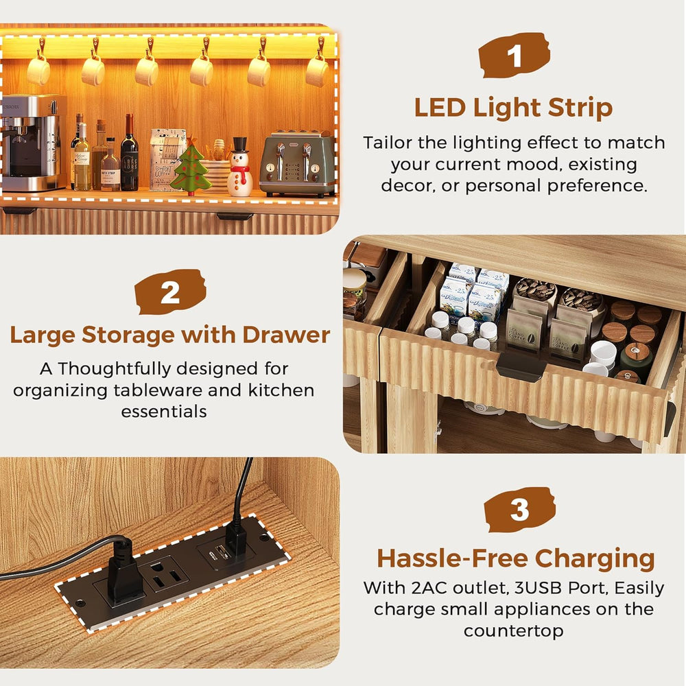 Jocoevol Fluted Kitchen Pantry Storage Cabinet with Charging Station/LED Ligh...