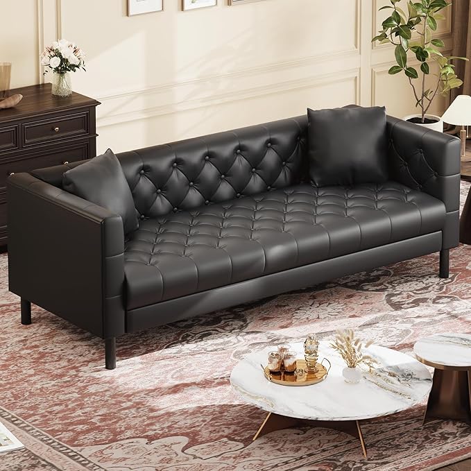 GarveeHome 81 in Leather Couch for Living Room, Modern Leather Sofa with Deep Seat, Handmade Button Tufted 3 Seater Sofa, Chesterfield Couch for Apartment, Office, Black