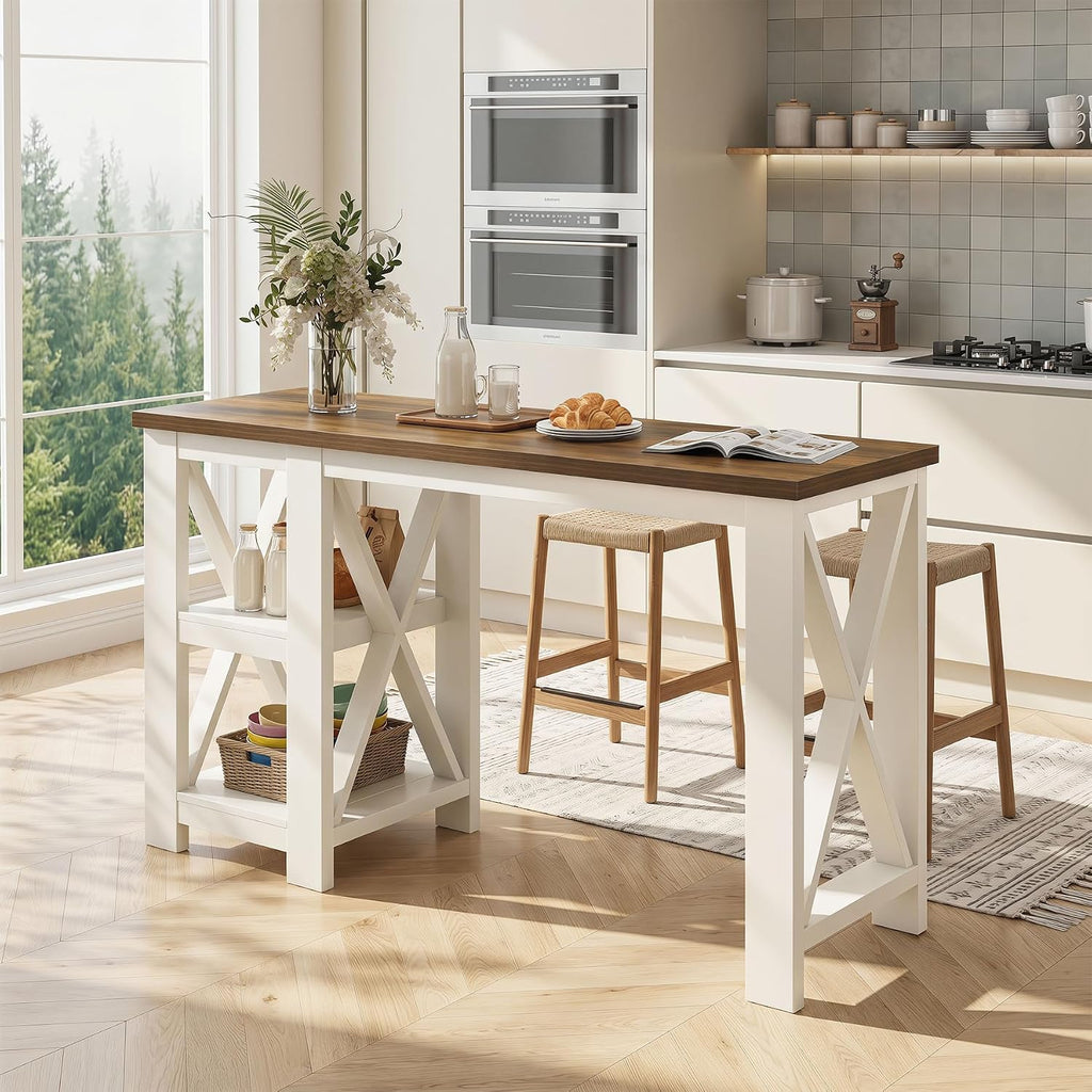 Tribesigns 62" Kitchen Island with Storage, Stationary Island Table | 2-Tier Open Storage Shelves, X-Frame Structure, Counter Height Table for Kitchen, Dining Room, Rustic Brown & White