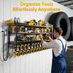 49.5" W Large Power Tool Organizer Wall Mount with Charging Station, 4 Tier Heavy Duty 12 Cordless Drills Holder Load 800 lb, Tool Battery Storage Rack Built in 8 Outlet Power Strip for Garage