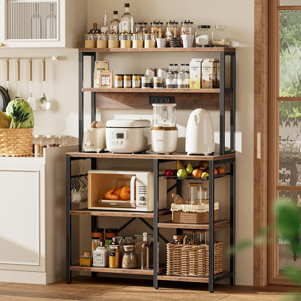 SUPERJARE Bakers Rack with Power Outlet, 35.4 Inches Coffee Bar with Wire Basket, Kitchen Microwave Stand with 6 S-Shaped Hooks, Open Storage Shelves, Rustic Brown