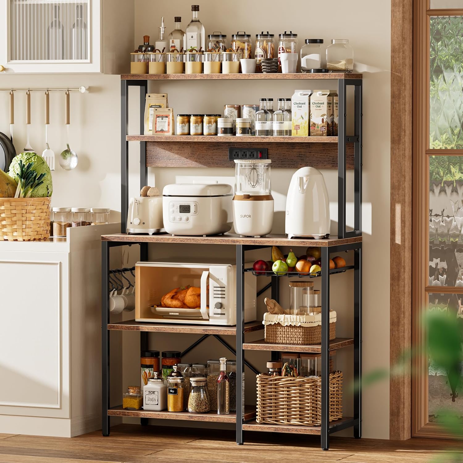 SUPERJARE Bakers Rack with Power Outlet, 35.4 Inches Coffee Bar with Wire Basket, Kitchen Microwave Stand with 6 S-Shaped Hooks, Open Storage Shelves, Rustic Brown