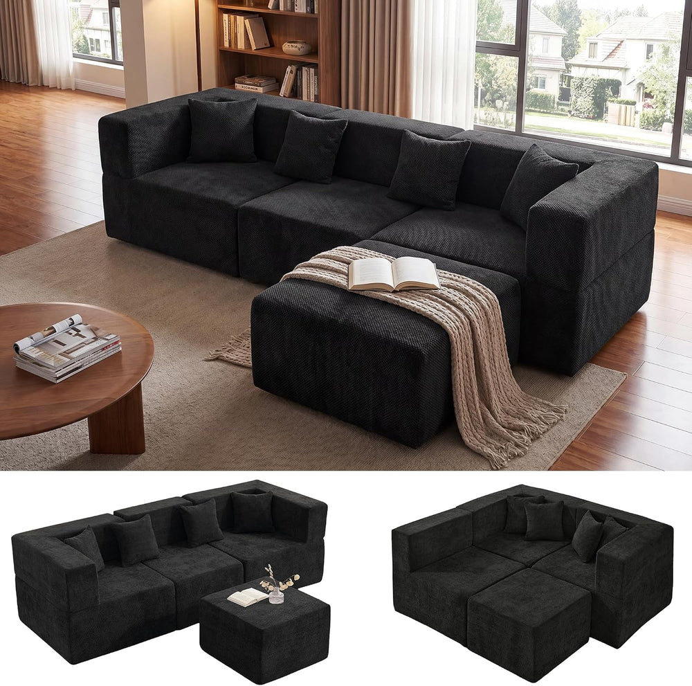 MONVANE L Shaped Sectional Couch Oversized, Chenille, Black | 4-Seat Sectiona...