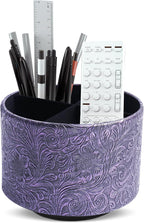 lizimandu Round Leather Art Supply Organizer,Remote Control Holder,360 Degree Spinning,Multi-Functional Pencil Holder,4 Compartments Desktop Stationary Organizer(1-Carved Metal Purple)