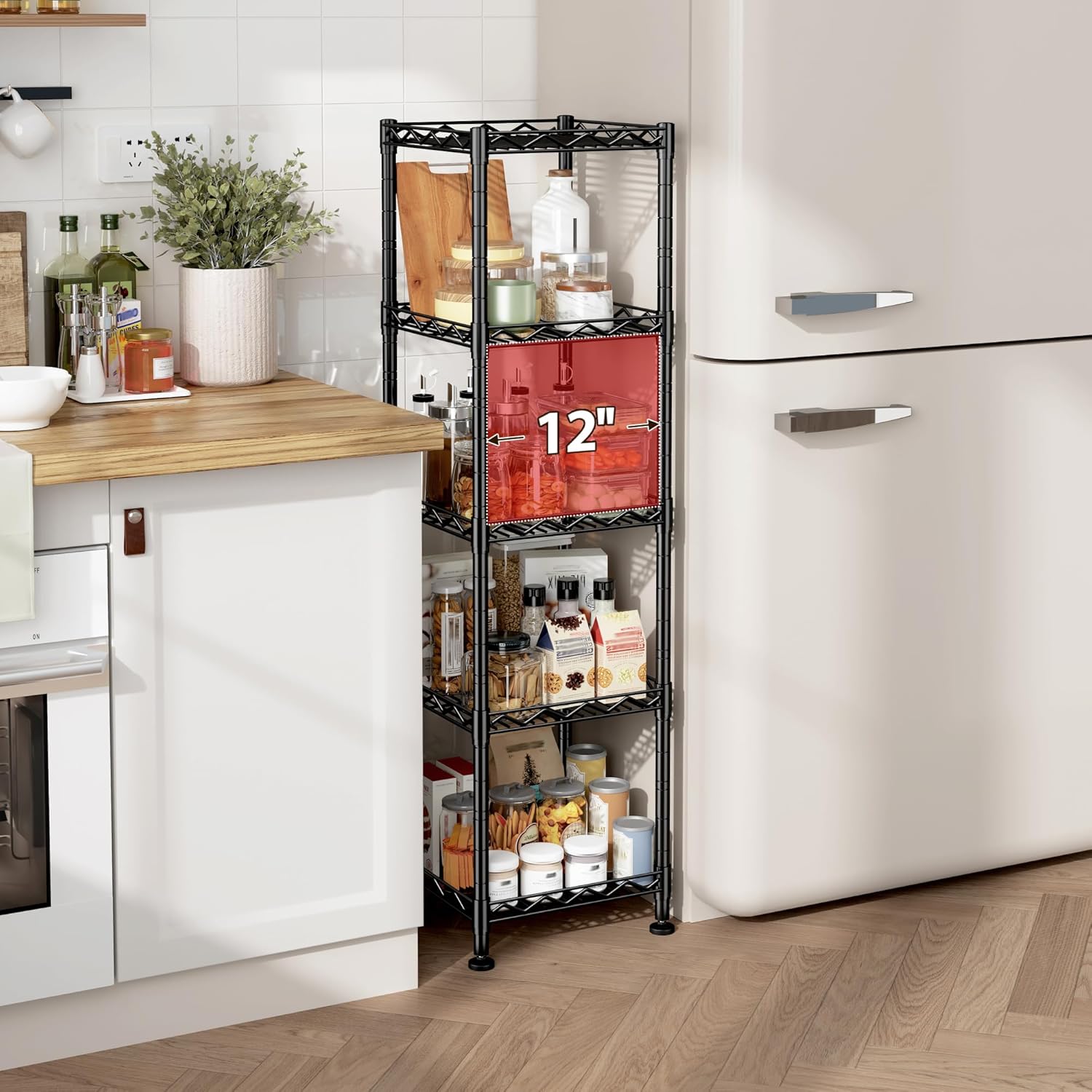 5 Tier Metal Shelving Unit Wire Shelves Storage Rack:Adjustable Storage Shelves Standing Bathroom Shelf and Narrow Shelf for Laundry Dorm Kitchen Pantry Closet Office 12''Wx12''Dx49''H Black