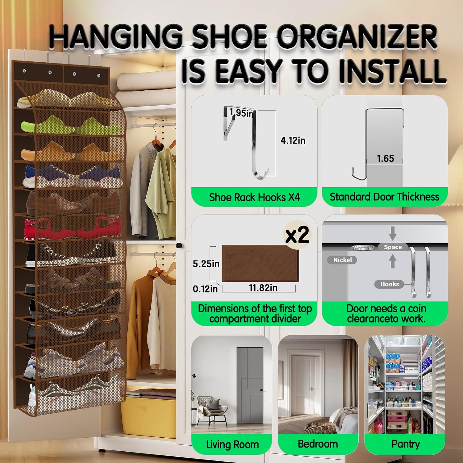 Kotkn Over The Door Shoe Organizer with 12 Large Breathable Pockets - Durable Hanging Storage for the Entire Family's Shoes (Espresso)