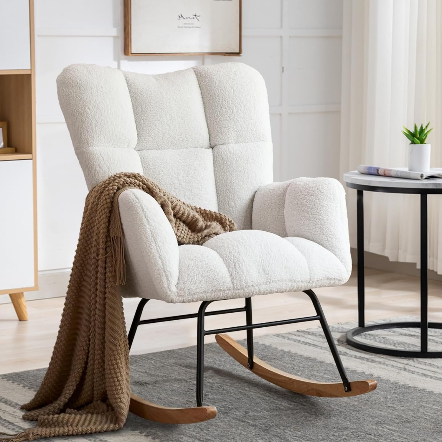 DKLGG Nursery Rocking Chair, Soft Teddy Fabric Rocking Chair Padded Seat with High Backrest for Nursery, Comfy Wingback Glider Rocker with Solid Wood Base for Living Room Bedroom(White)