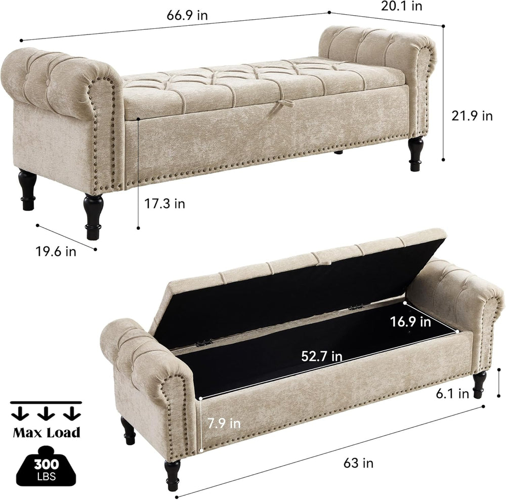 Storage Bed Bench for Bedroom, Chenille 67" End of Bed King Size Benches...