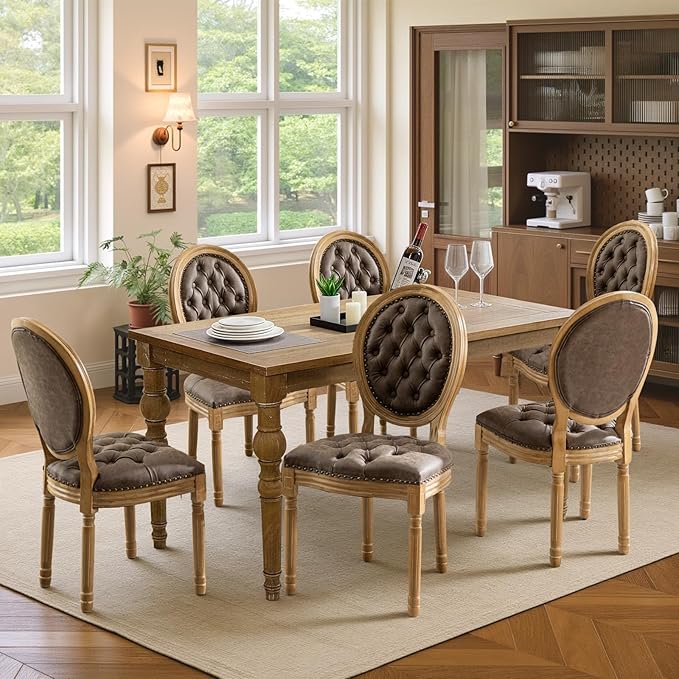 French Country Dining Chairs Set of 6,Farmhouse Upholstered Dining Room Chairs with Tufted Round Back&Solid Leg,PU Leather Kitchen Side Chairs for Kitchen/Bedroom/Dining Room,Brown