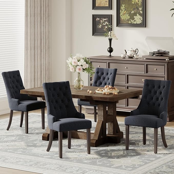 COLAMY Wingback Upholstered Side Dining Room Chairs Set of 4, Fabric Dining Chairs with Tufted Button, Living Room Chairs for Home Kitchen, Black