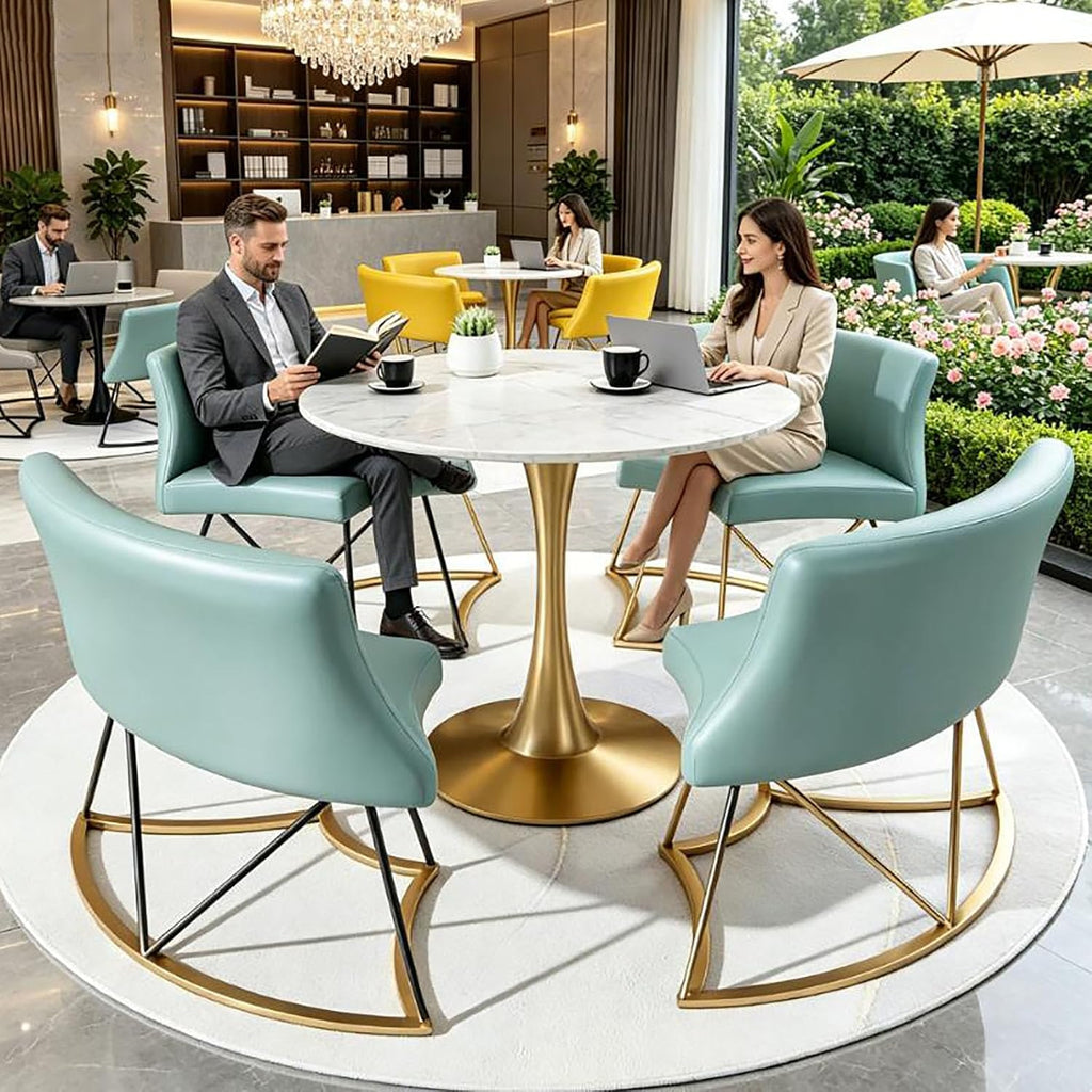 31.5" Round Dining Table Set for 4,Modern Kitchen Table Set with 4 Faux Leather Chairs,Natural stone slab tabletop Breakfast Table,Small Space Saving Conference Table,Reception Table for Dining Room