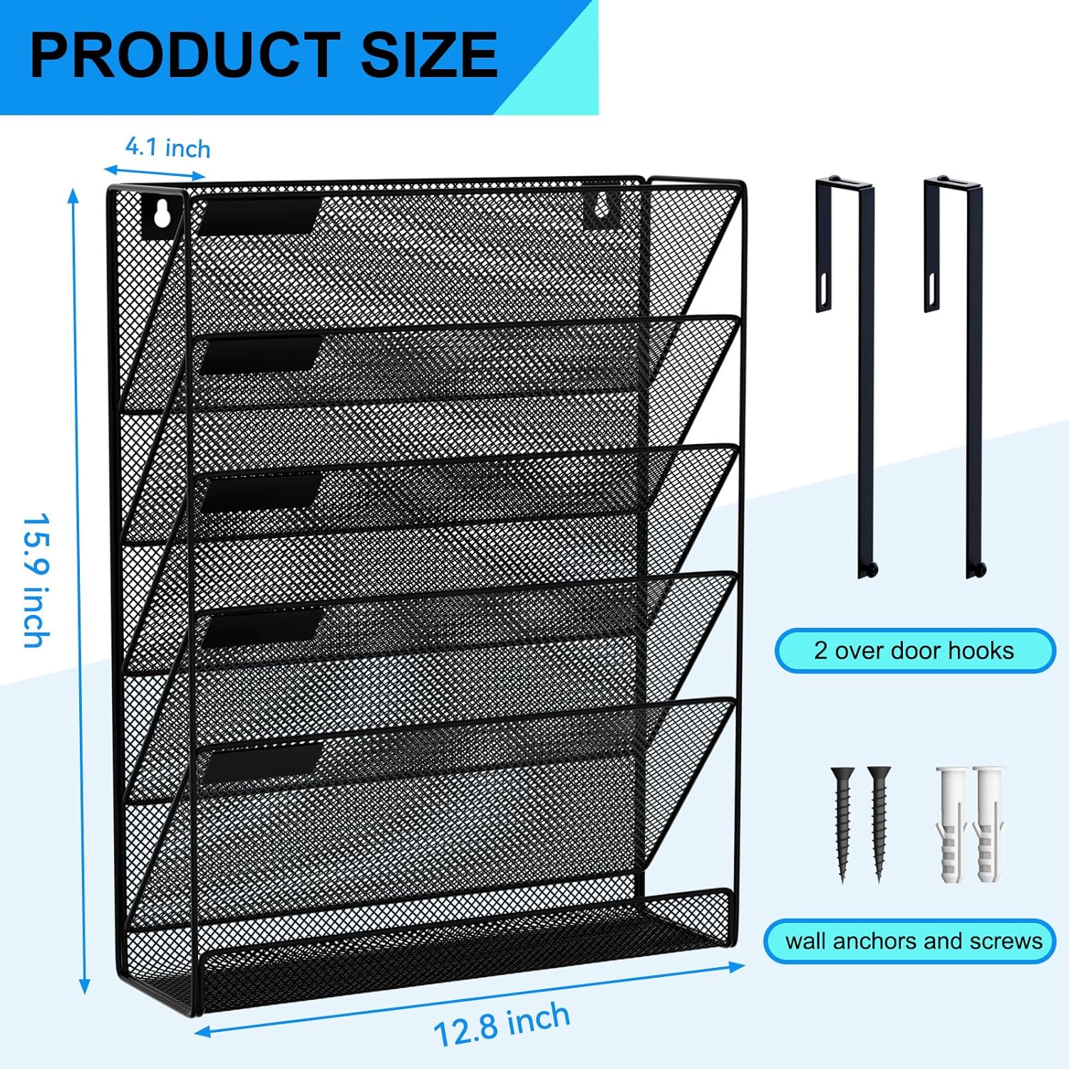 6-Tier Hanging File Organizer Office Cubicle Accessories for Work Organizer Wall Mount File Holder for Mails Folders Papers Magazine Organization, Black