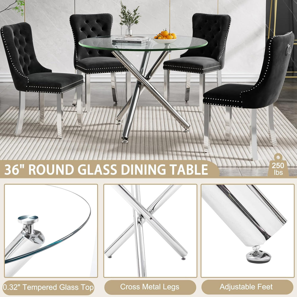 Modern Round Dining Table for 2 4 People, 36 in Glass Kitchen Dining Room Tab...