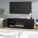 Henn&Hart Fluted TV Stand for TVs up to 75" with 26" Electric Crystal Rocks Fireplace and Ribbed Side Storage Cabinets for Living Room, Family Room, or Office, Natural Black